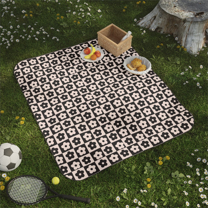 Black and White Checkered Floral Picnic Blanket